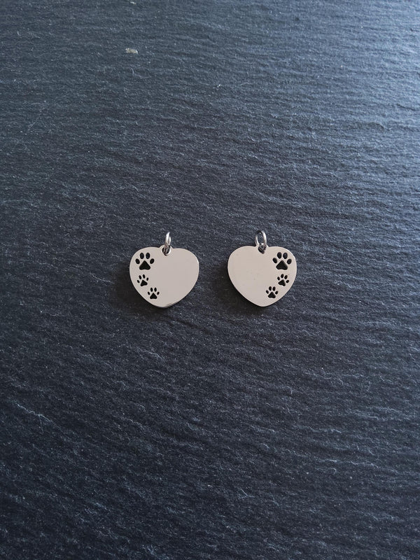 2 Stainless Steel Heart Charms With Cutout Paw Print Design 23x18x1.4mm - ContentedCatz