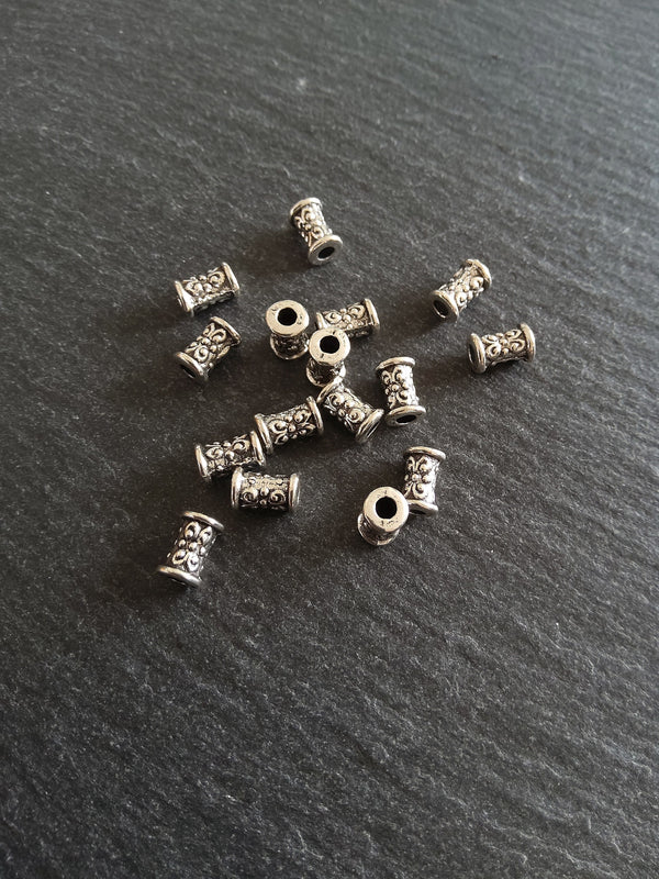 20 or 100 Antique Silver Tone Patterned 7x5mm Tube Column Beads Hole: 2mm - ContentedCatz