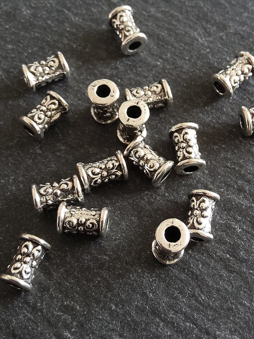 20 or 100 Antique Silver Tone Patterned 7x5mm Tube Column Beads Hole: 2mm - ContentedCatz
