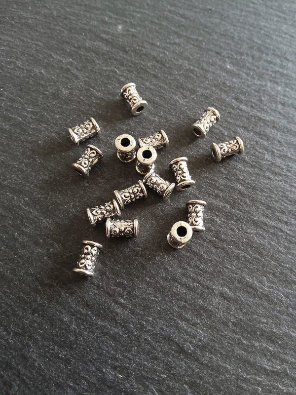 20 or 100 Antique Silver Tone Patterned 7x5mm Tube Column Beads Hole: 2mm - ContentedCatz