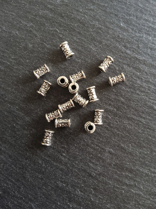 20 or 100 Antique Silver Tone Patterned 7x5mm Tube Column Beads Hole: 2mm - ContentedCatz