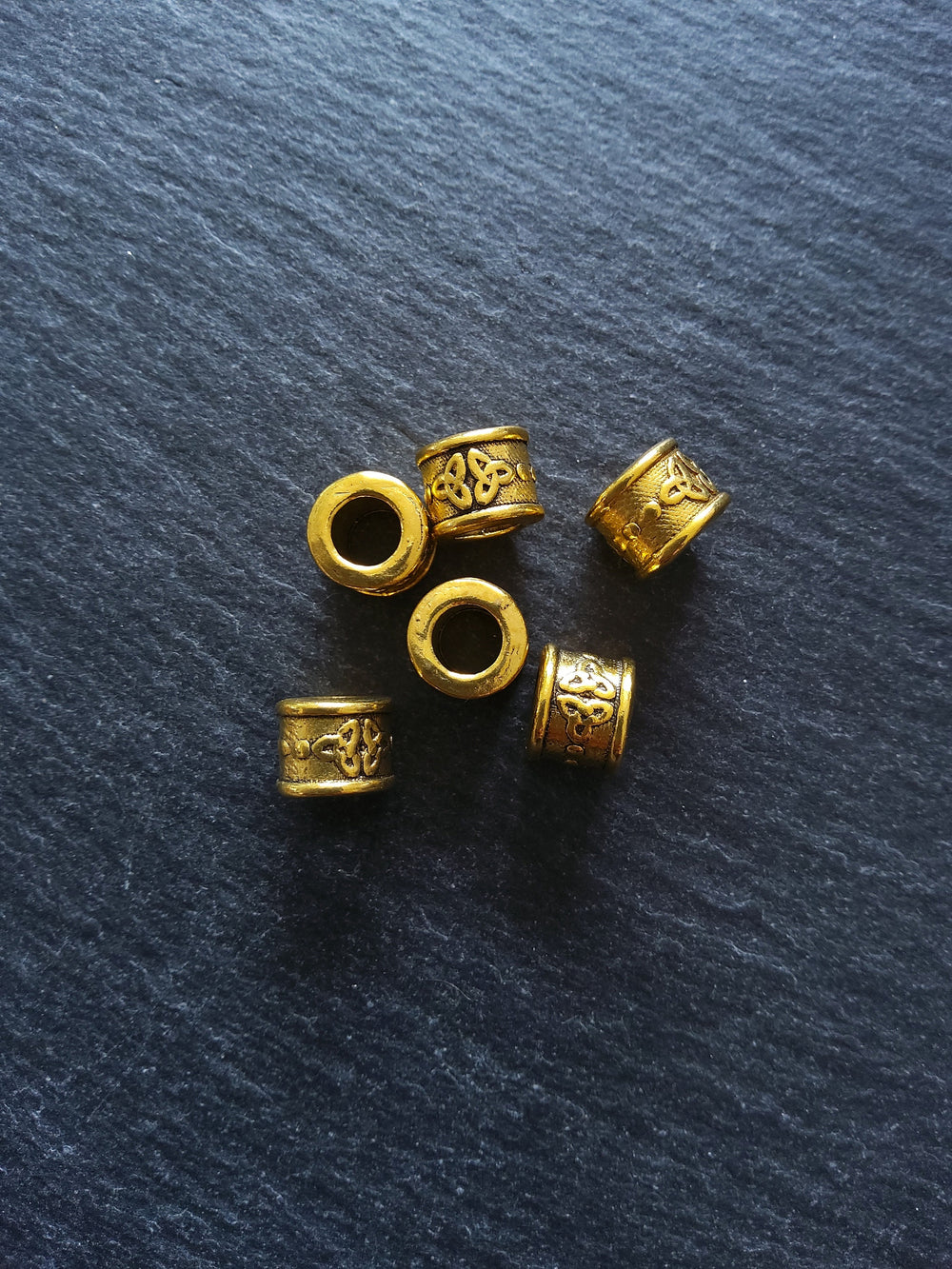 Celtic Knot Beads Antique Gold Tone Triquetra Design Cylinder Charm 11x8mm. Large 6mm Hole. Nickel FREE - ContentedCatz