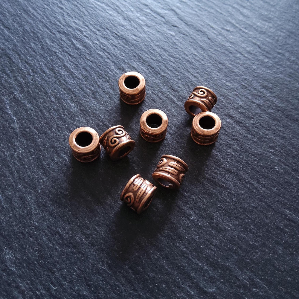 10 or 50 Copper Tone Alloy 9mm Column Spacer Beads Scroll Design 9x7mm Large Hole: 5mm