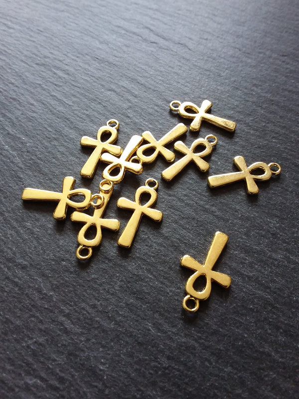 10 or 50 Ankh Charms Gold Plated Ancient Egyptian Small Plain 22x13mm