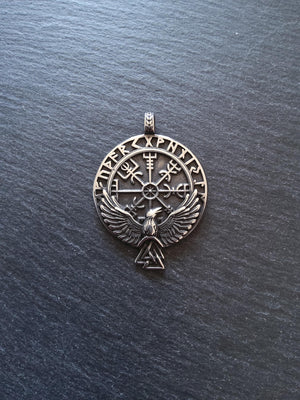 Large Round Raven & Vegvísir Wayfinder Compass Pendant Stainless Steel 56x41mm