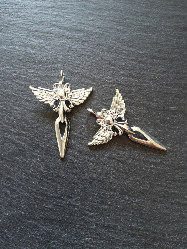 2 or 10 Winged Angel Sword Pendant Silver Plated 48x34mm