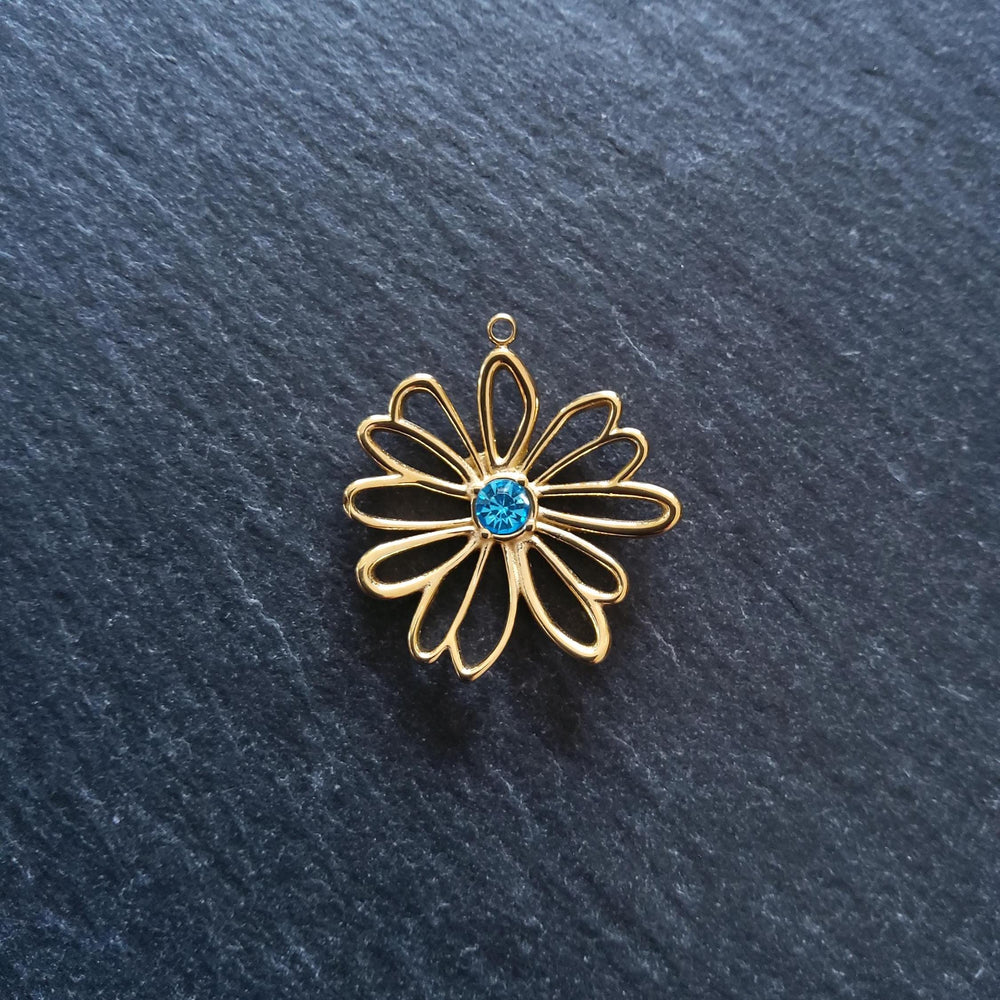 Real 14K Gold Plated Stainless Steel Flower Charm with Blue Diamante Centre 28x26mm