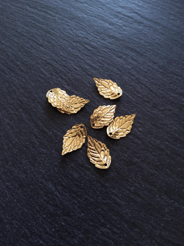 6 or 30 Golden Stainless Steel Leaf Charms 17x10x2.5mm