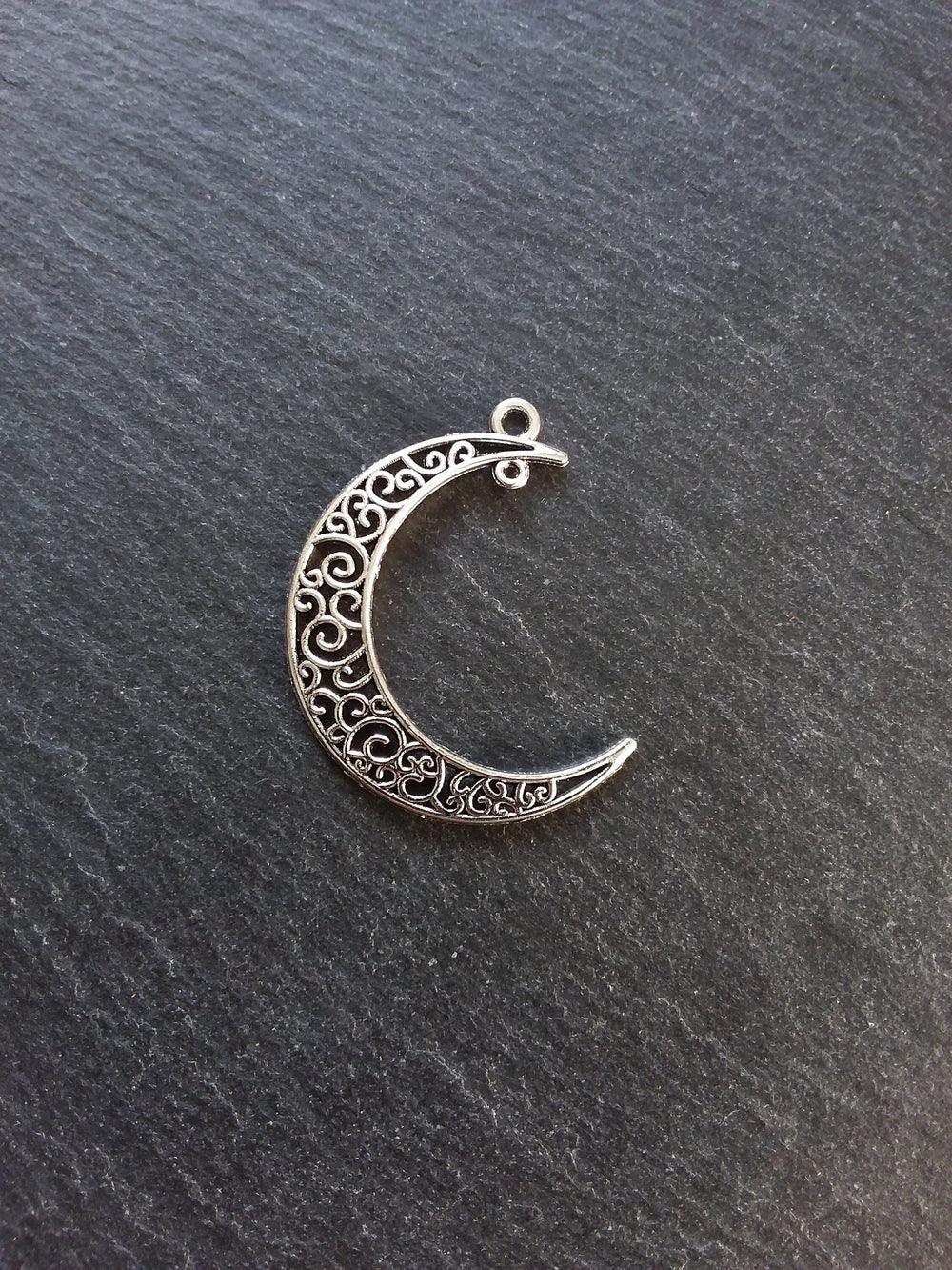 6 or 30 Crescent Moon Connector Pendants Pierced Design Antique Silver Tone 41x36mm