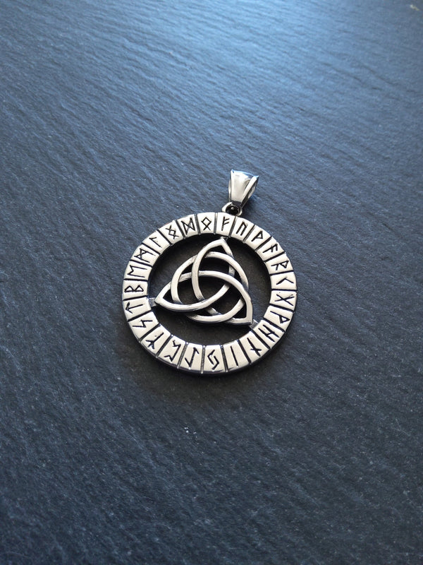 Large Stainless Steel Round Celtic Triquetra & Rune Pendant 38x35mm