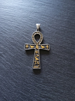 Large Stainless Steel Ancient Egyptian Style Ankh Pendant with Hyroglyphics 58x35mm