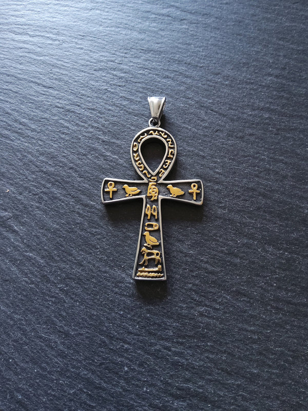 Large Stainless Steel Ancient Egyptian Style Ankh Pendant with Hyroglyphics 58x35mm