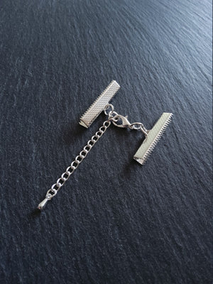 5 or 25 Silver Plated Crimp End Sets for 30mm (1 13/16") Wide Ribbon for Chokers with Extension Chain