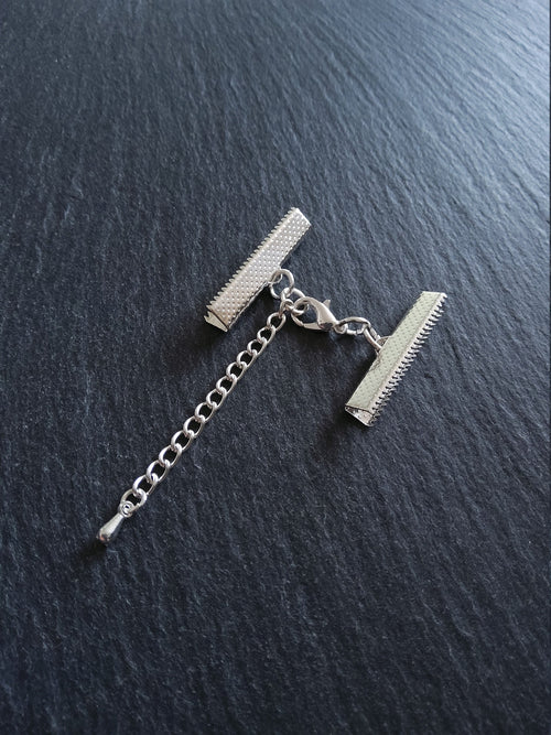 5 or 25 Silver Plated Crimp End Sets for 30mm (1 13/16") Wide Ribbon for Chokers with Extension Chain