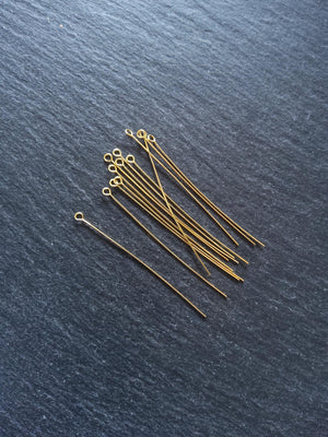 20 or 100 Genuine 18K Gold Plated 50mm Brass Eye Pins 0.5mm (24 gauge) - ContentedCatz