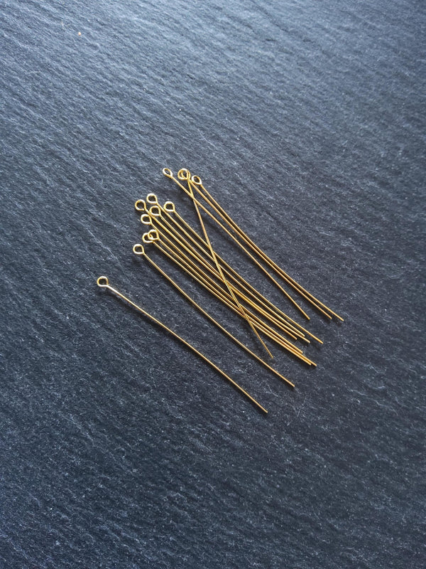 20 or 100 Genuine 18K Gold Plated 50mm Brass Eye Pins 0.5mm (24 gauge) - ContentedCatz