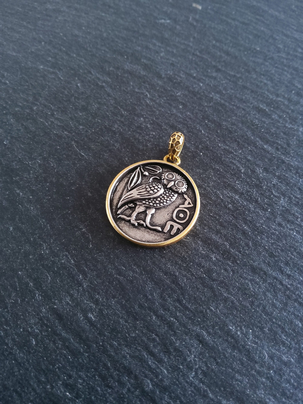 Owl of Athena Coin Effect Pendant Antique Silver & Gold Plated Brass 26x22.5mm - ContentedCatz