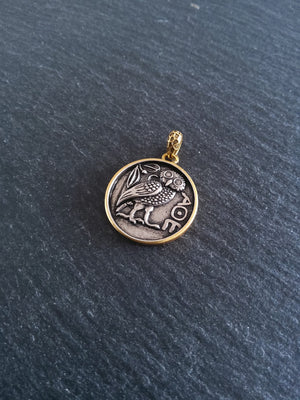 Owl of Athena Coin Effect Pendant Antique Silver & Gold Plated Brass 26x22.5mm - ContentedCatz