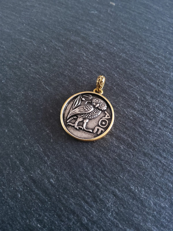 Owl of Athena Coin Effect Pendant Antique Silver & Gold Plated Brass 26x22.5mm - ContentedCatz
