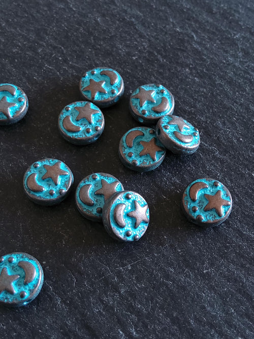 10 or 50 Flat Round 9mm Antique Copper Alloy Moon & Star Beads with Blue Patina 9x4mm Hole: 1mm - ContentedCatz