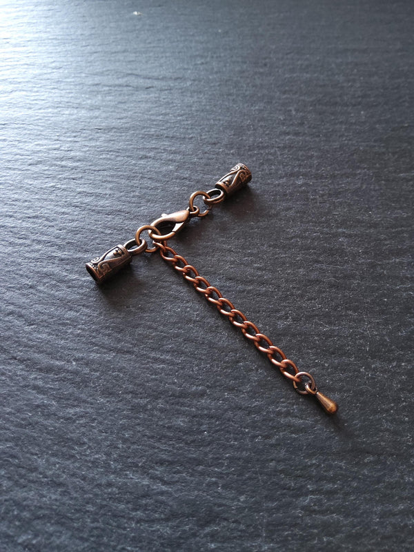 5 or 25 Antique Copper Patterned End Cap Sets for 3mm Cord Necklaces with Extender Chain (3.5mm end caps)