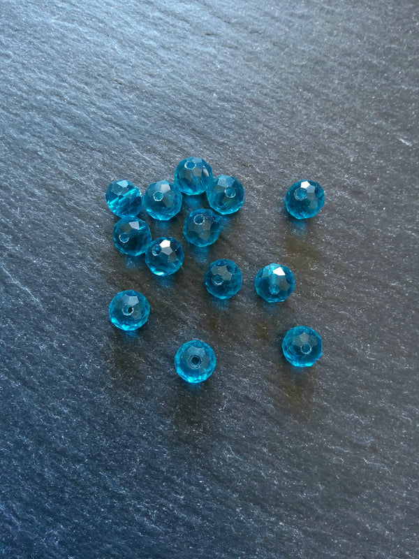 50 Clear Teal Faceted 8mm Glass Beads 8x6mm