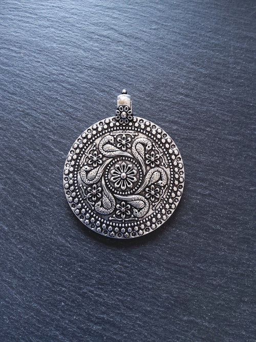 Large Bird & Flower Embossed Antique Silver Tone Pendant 71x59x3.5mm
