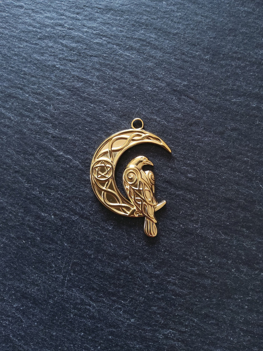 1 or 5 Crescent Moon & Raven Pendants 18K Gold Plated Steel 36x24mm