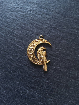 1 or 5 Crescent Moon & Raven Pendants 18K Gold Plated Steel 36x24mm