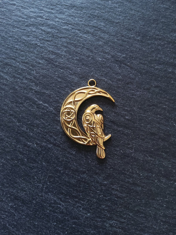 1 or 5 Crescent Moon & Raven Pendants 18K Gold Plated Steel 36x24mm