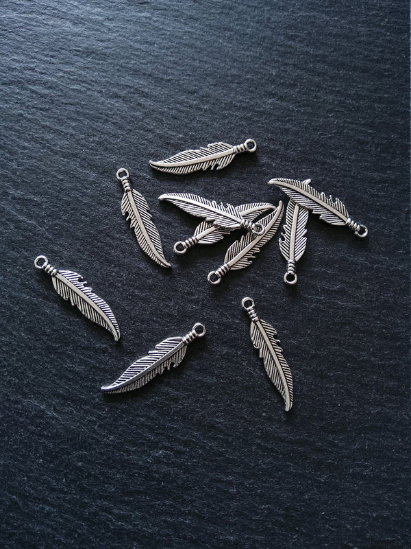 10 or 50 Antique Silver Tone Feather Charms 27x7mm - ContentedCatz