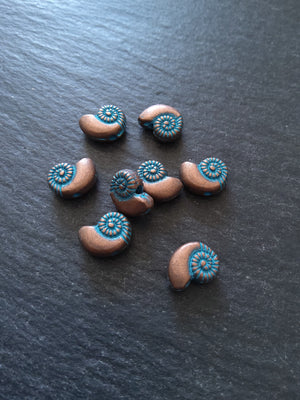 10 or 50 Sea Shell Snail Ammonite Beads 8mm Antique Copper with Blue Patina 11x8x4mm