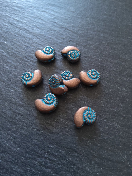 10 or 50 Sea Shell Snail Ammonite Beads 8mm Antique Copper with Blue Patina 11x8x4mm