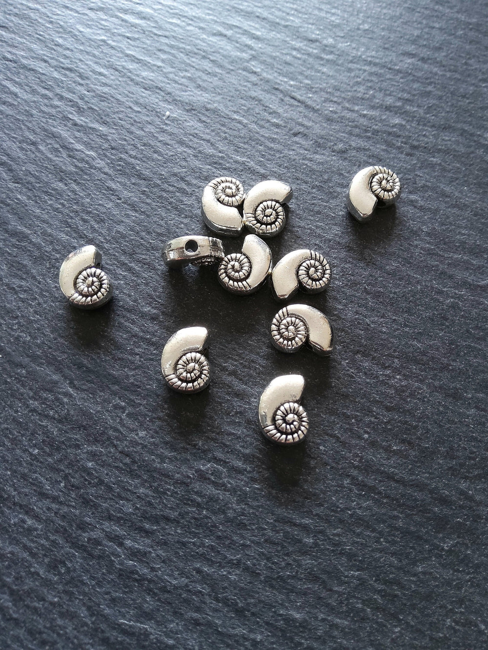 10 or 50 Sea Shell Snail Ammonite Beads 8mm Antique Silver Tone 11x8x4mm