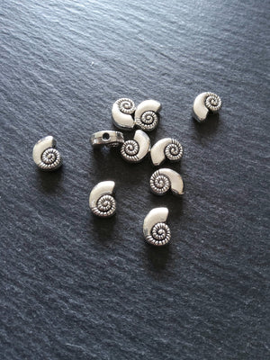 10 or 50 Sea Shell Snail Ammonite Beads 8mm Antique Silver Tone 11x8x4mm