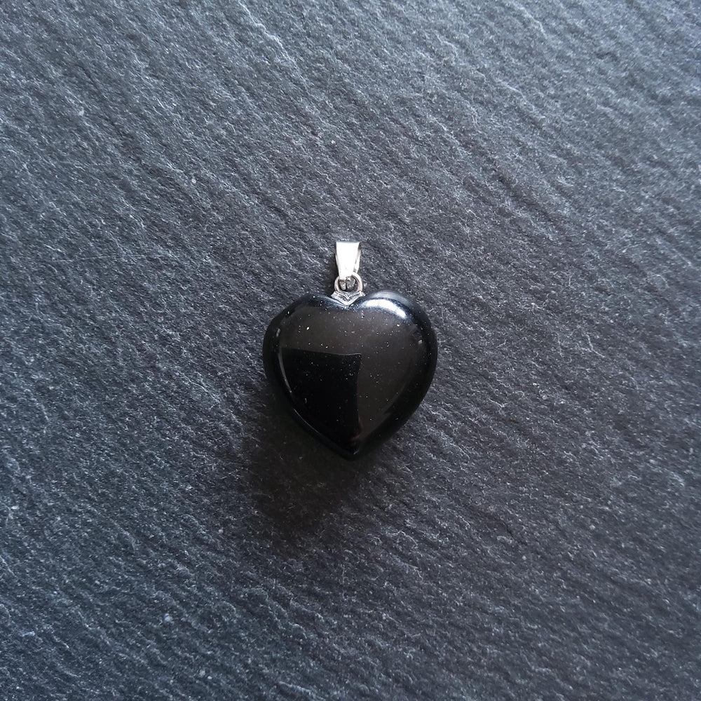Natural Black Obsidian Heart Pendant with Steel Bail 22x20x9mm