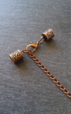 4 or 20 Antique Copper Patterned End Cap Sets for 5mm Cord with Extender Chain (5.5mm end caps)