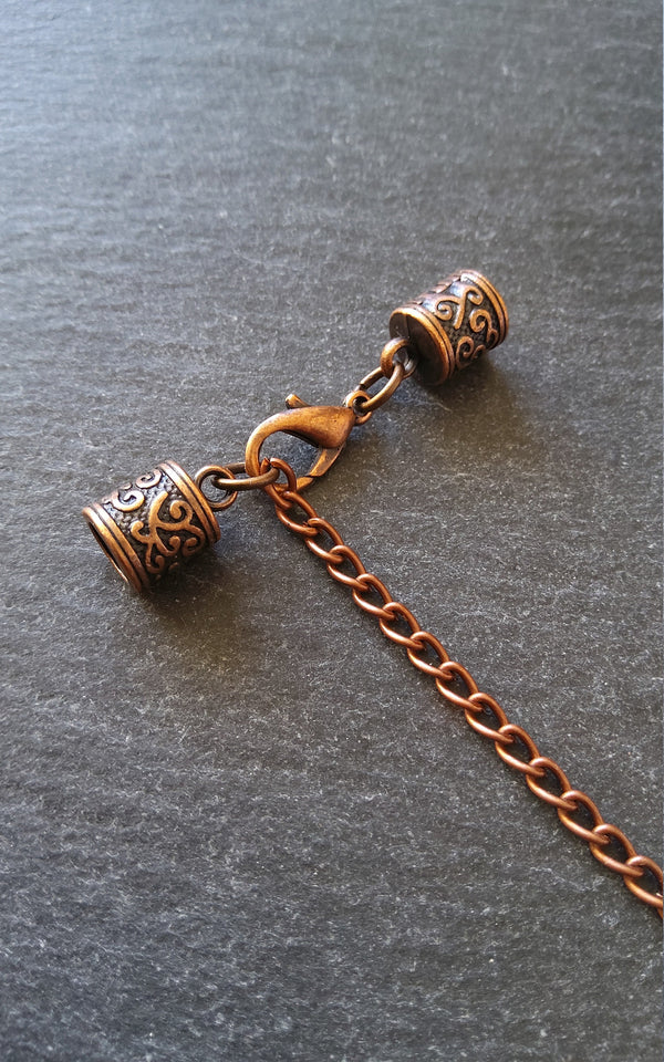 4 or 20 Antique Copper Patterned End Cap Sets for 5mm Cord with Extender Chain (5.5mm end caps)