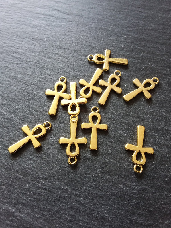 10 or 50 Ankh Charms Gold Plated Ancient Egyptian Small Plain 22x13mm