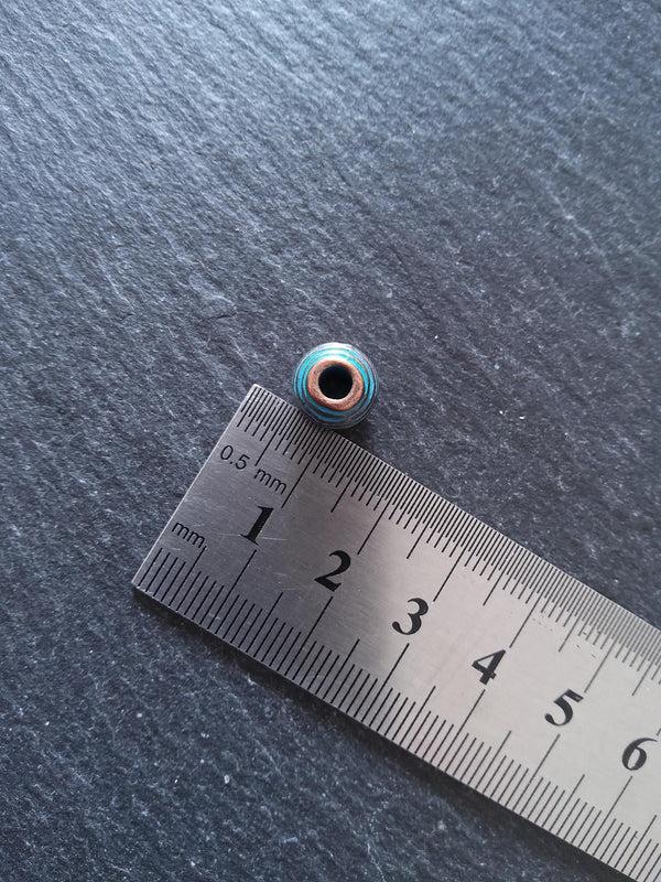 6 or 30 Patterned 9.5mm Round Banded Beads Antique Copper Tone Alloy with Blue Patina 9.5x8.5x8.5mm Hole: 3.2mm