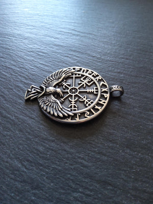 Large Round Raven & Vegvísir Wayfinder Compass Pendant Stainless Steel 56x41mm