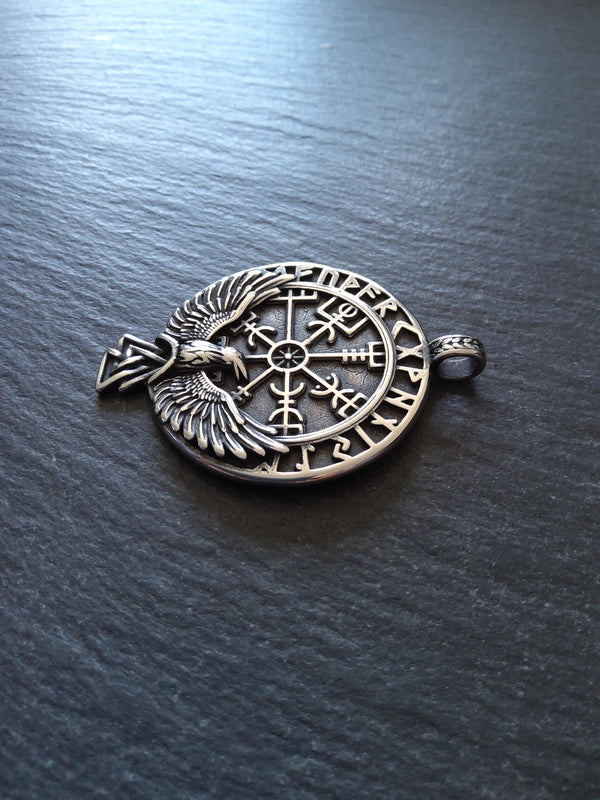 Large Round Raven & Vegvísir Wayfinder Compass Pendant Stainless Steel 56x41mm