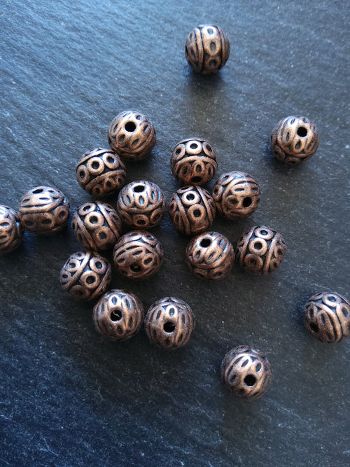 10 or 50 Antique Copper Tone 8mm Patterned Ball Beads Nickel FREE