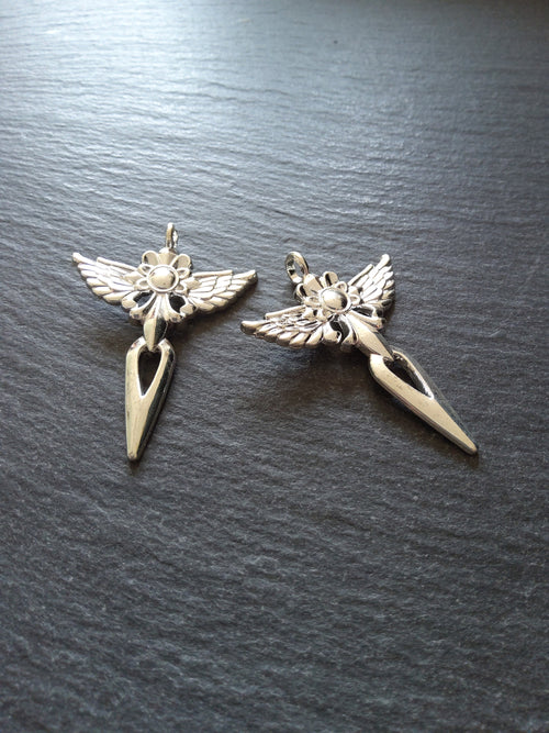 2 or 10 Winged Angel Sword Pendant Silver Plated 48x34mm