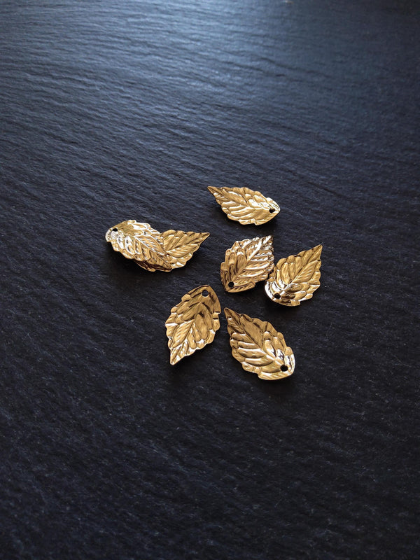6 or 30 Golden Stainless Steel Leaf Charms 17x10x2.5mm