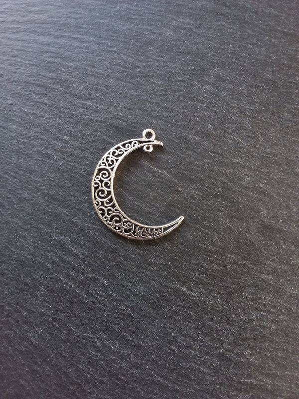 6 or 30 Crescent Moon Connector Pendants Pierced Design Antique Silver Tone 41x36mm