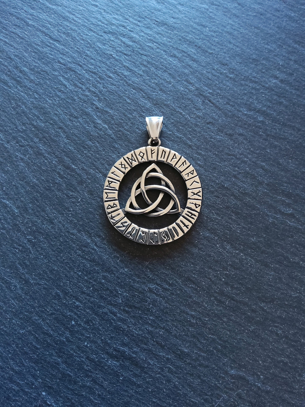 Large Stainless Steel Round Celtic Triquetra & Rune Pendant 38x35mm
