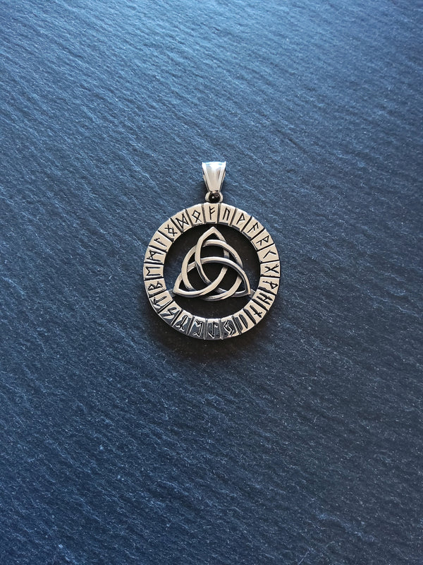 Large Stainless Steel Round Celtic Triquetra & Rune Pendant 38x35mm