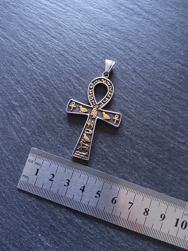 Large Stainless Steel Ancient Egyptian Style Ankh Pendant with Hyroglyphics 58x35mm