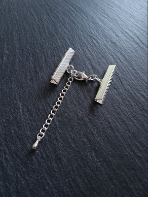 5 or 25 Silver Plated Crimp End Sets for 30mm (1 13/16") Wide Ribbon for Chokers with Extension Chain